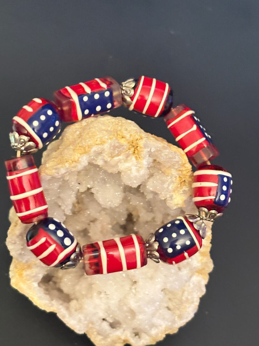 Vintage Patriotic Lampwork Glass Bead Stretch Bracelet